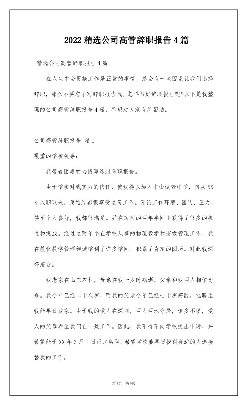 2022精选公司高管辞职报告4篇