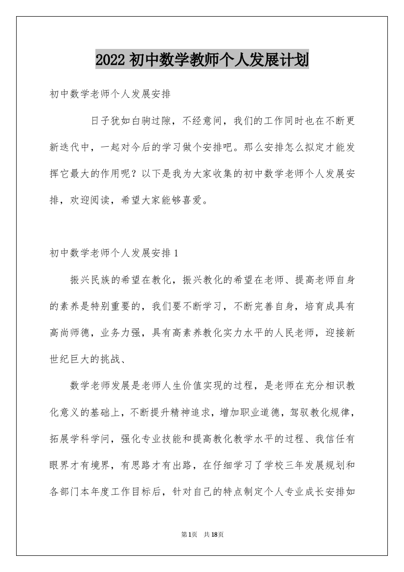 2022初中数学教师个人发展计划