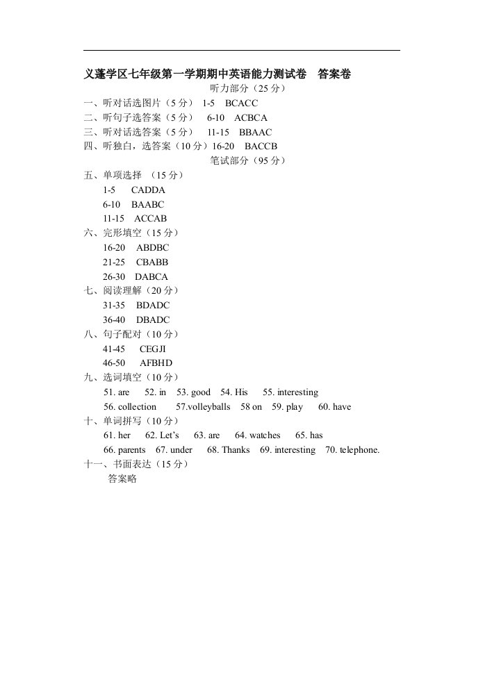 义蓬学区七年级第一学期期中英语能力测试卷答案卷