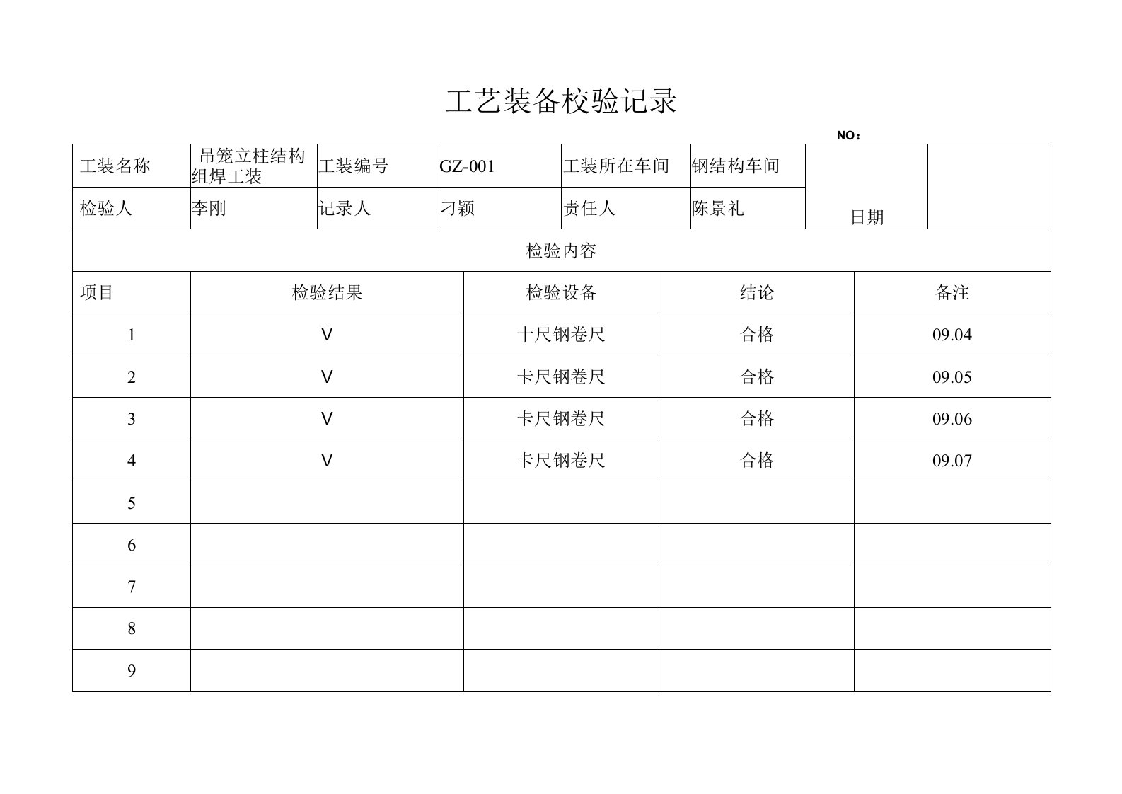 工艺装备校验记录