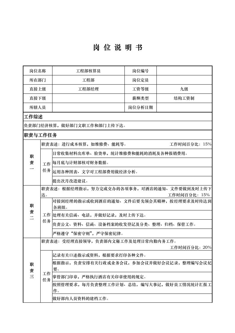 某企业工程部核算员岗位职务说明