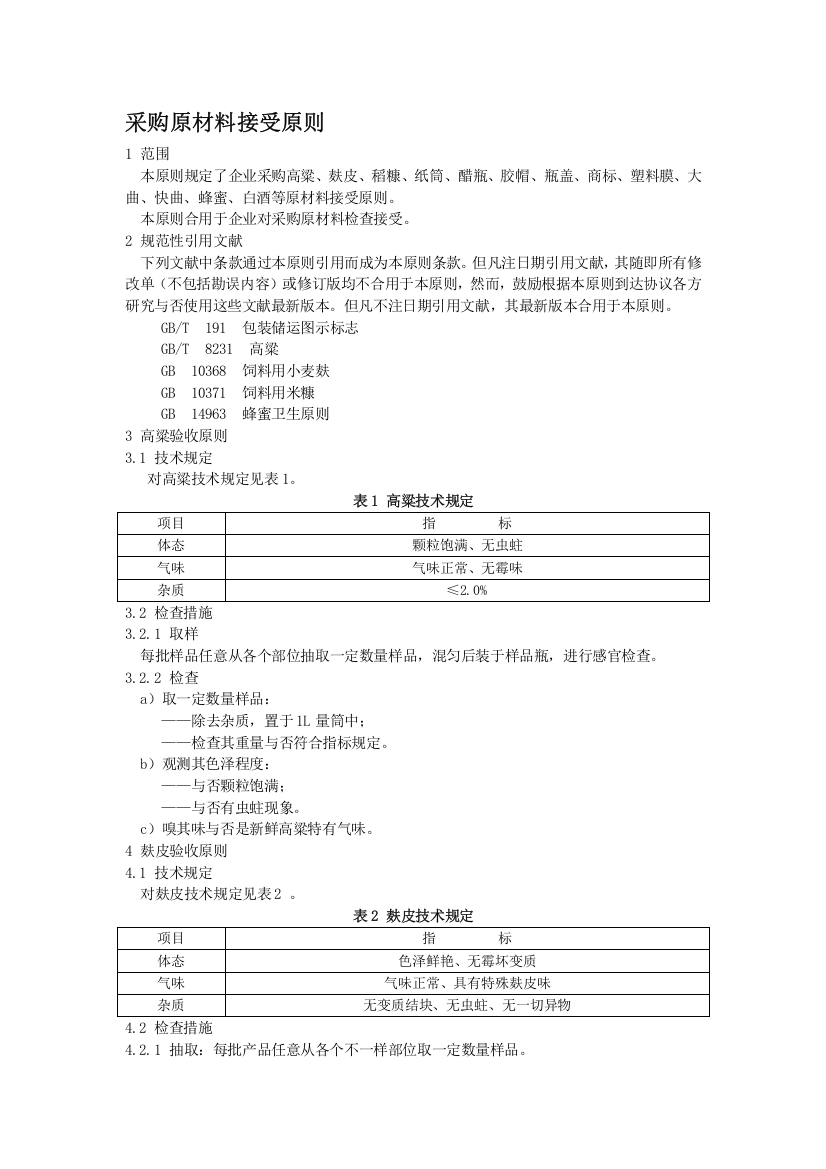 各种采购原料技术标准