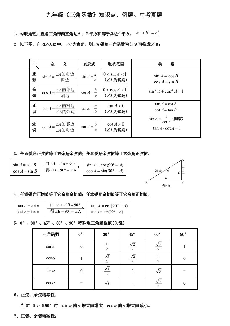 九年级《三角函数》知识点、经典例题样稿