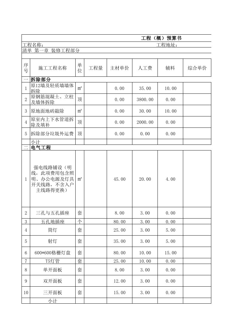 工装(概)预算书（精选）