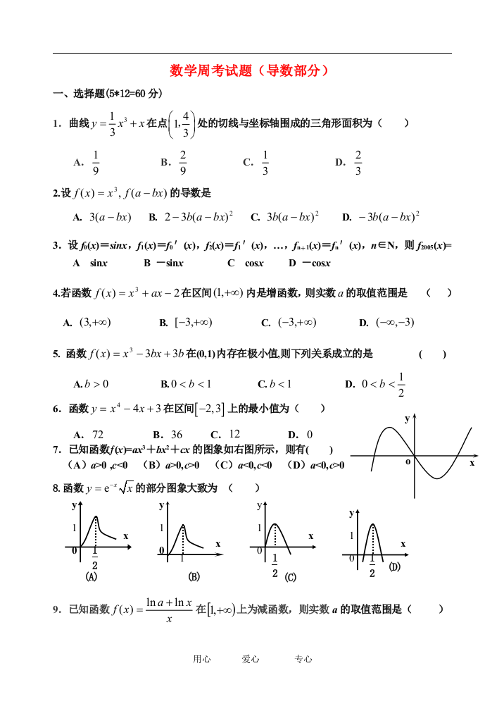 吉林省梅河口五中高二数学周考之导数的应用试题无答案单元测试新课标人教A版选修2