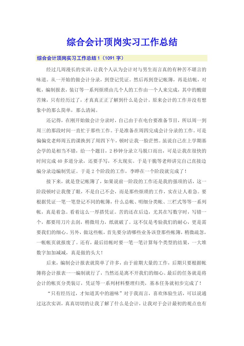 综合会计顶岗实习工作总结