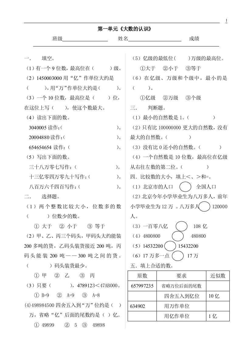 数学四年级上册各单元参考试卷