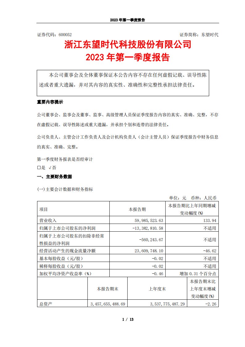 上交所-浙江东望时代科技股份有限公司2023年第一季度报告-20230427