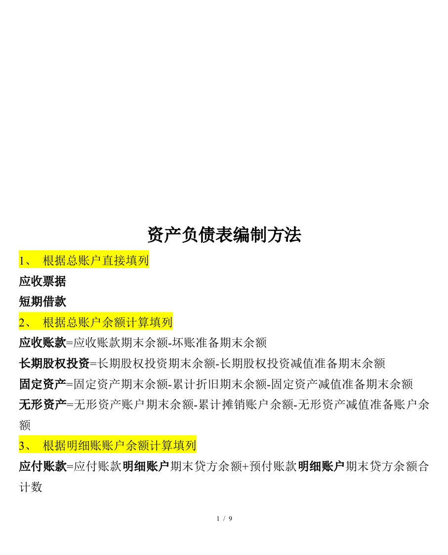 资产负债表编制方法介绍