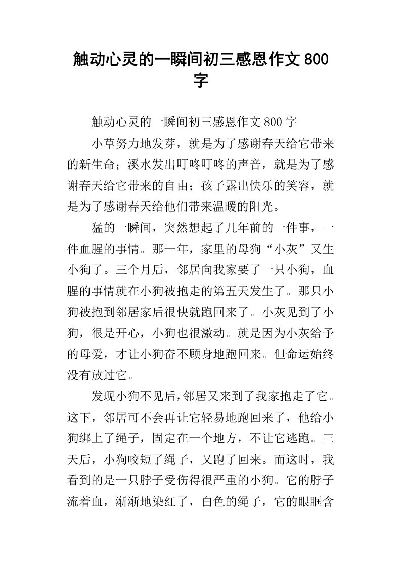 触动心灵的一瞬间初三感恩作文800字