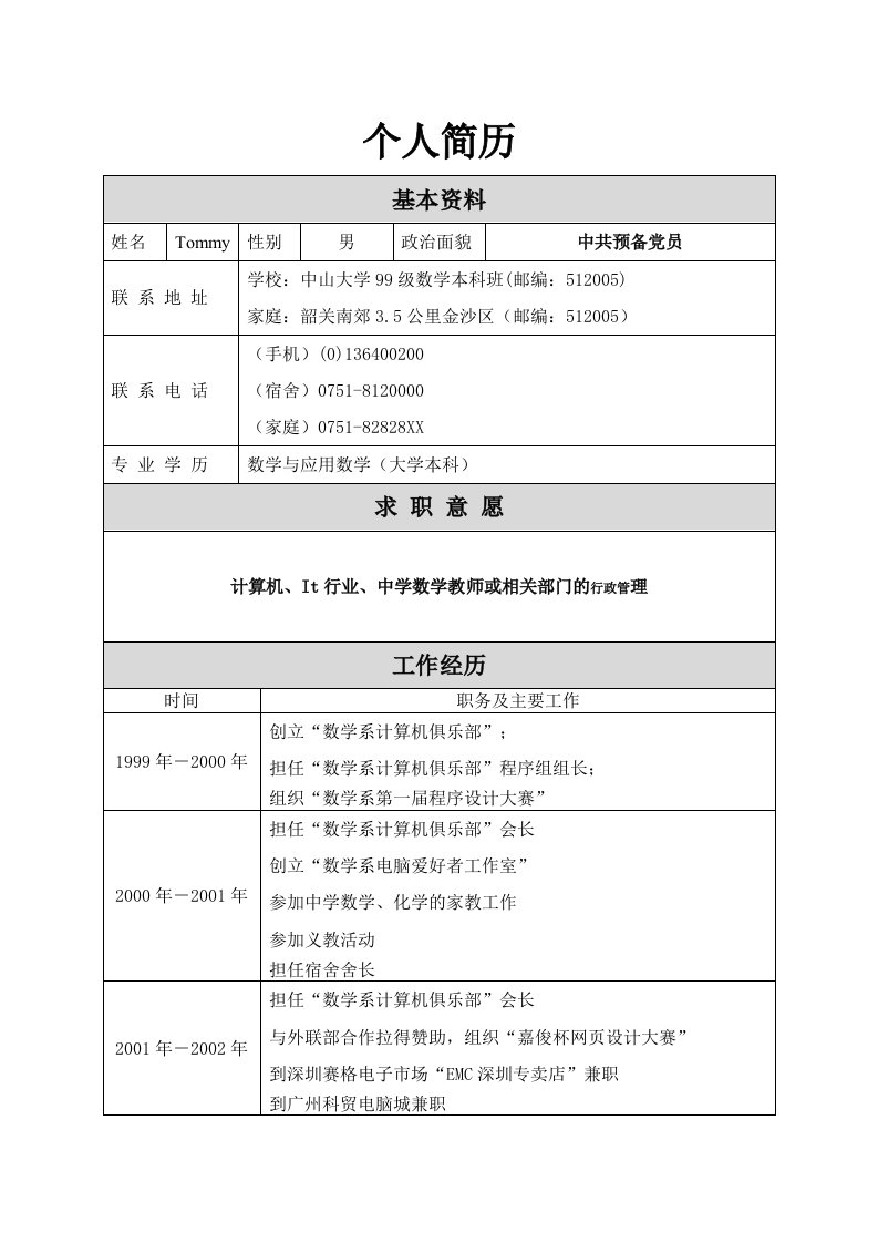 个人简历表格下载(适用于有经验求职者