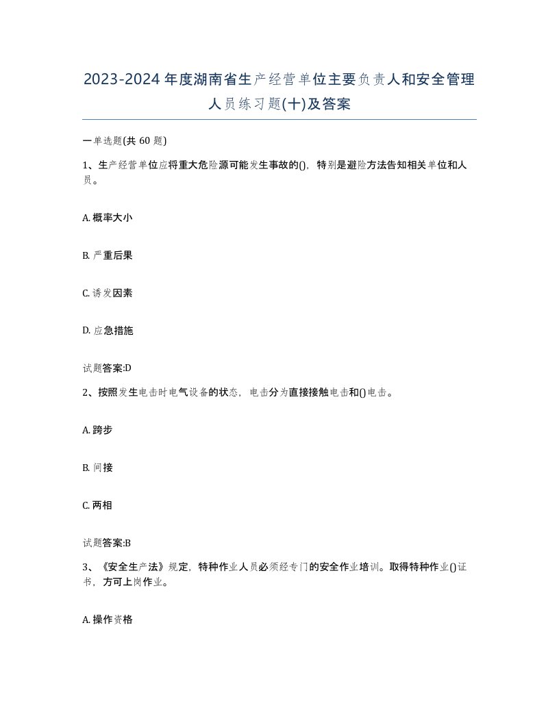 20232024年度湖南省生产经营单位主要负责人和安全管理人员练习题十及答案