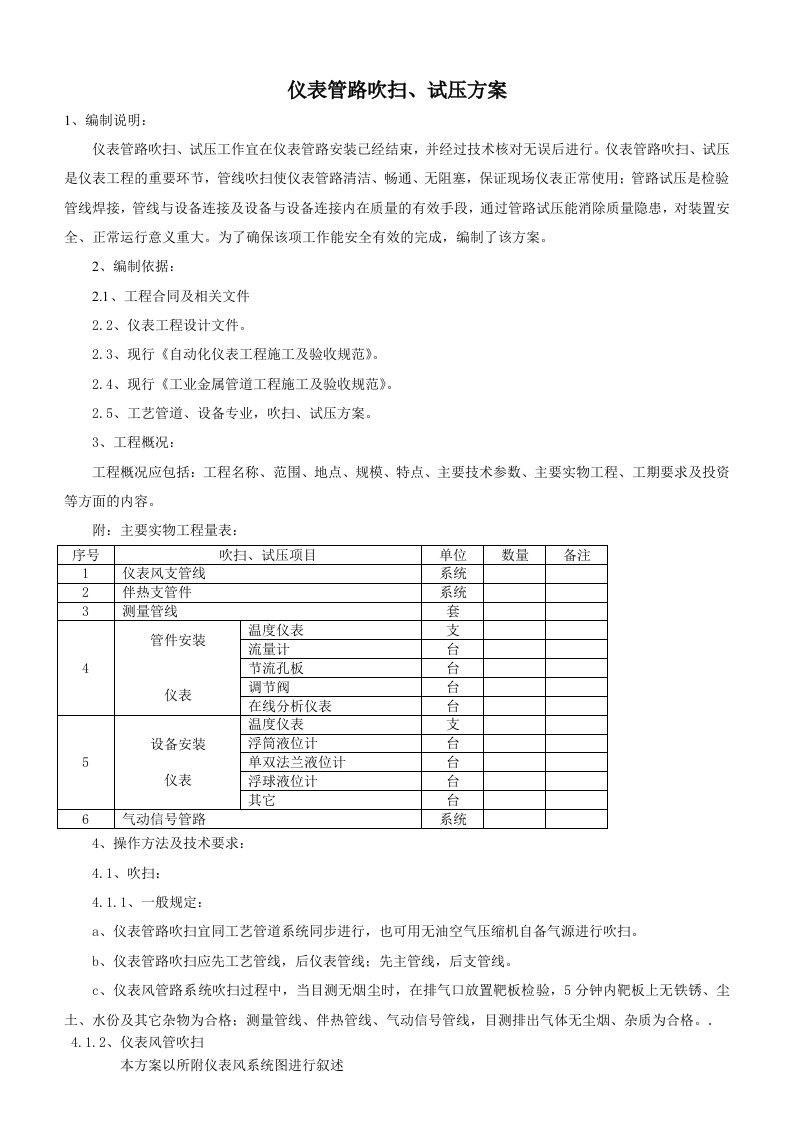 仪表管路吹扫、试压方案