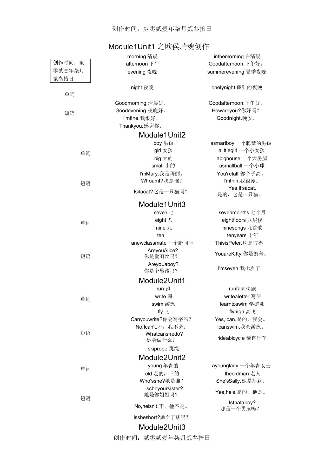 牛津上海版小学英语二年级上册单词短语表