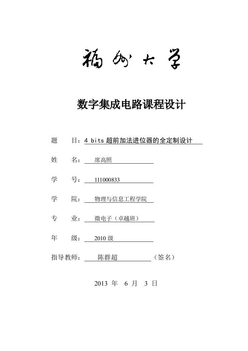 福州大学微电子卓越班数字集成电路课程设计报告