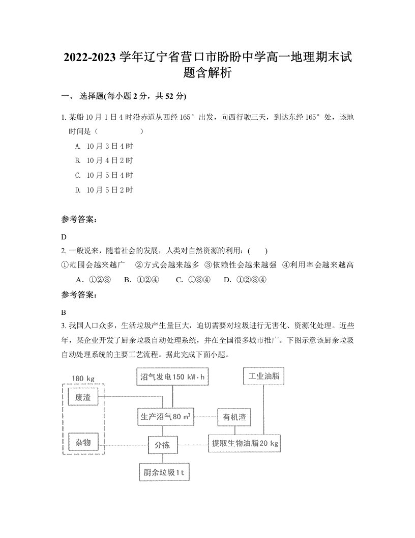 2022-2023学年辽宁省营口市盼盼中学高一地理期末试题含解析