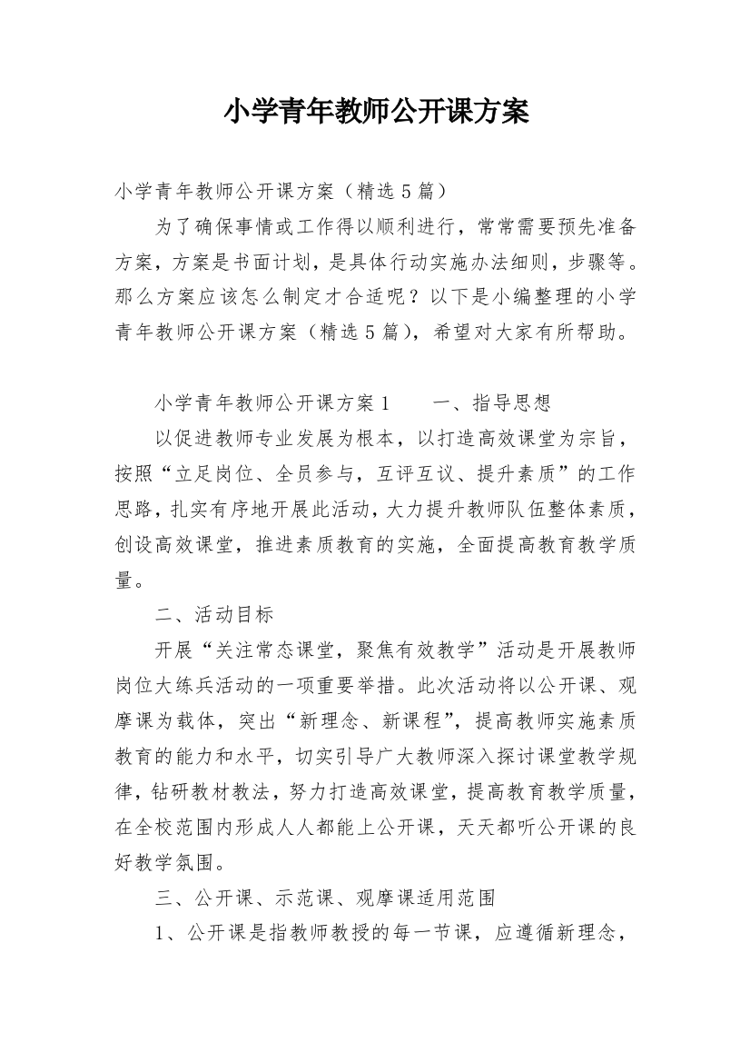 小学青年教师公开课方案