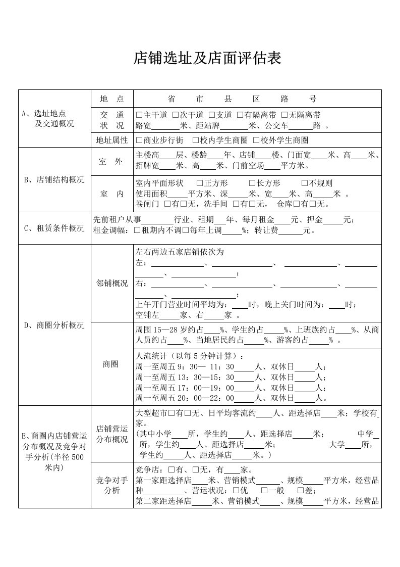 店铺选址及店面评估表