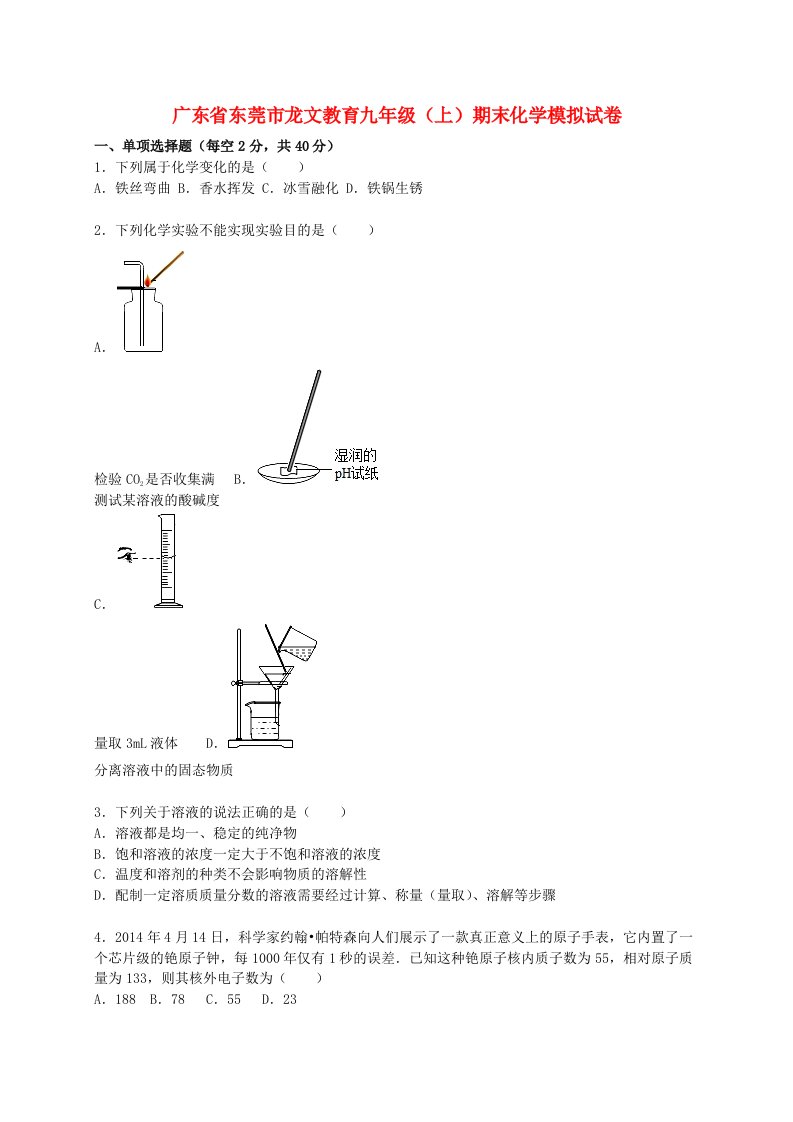 广东省东莞市龙文教育九级化学上学期期末模拟试题2（含解析）