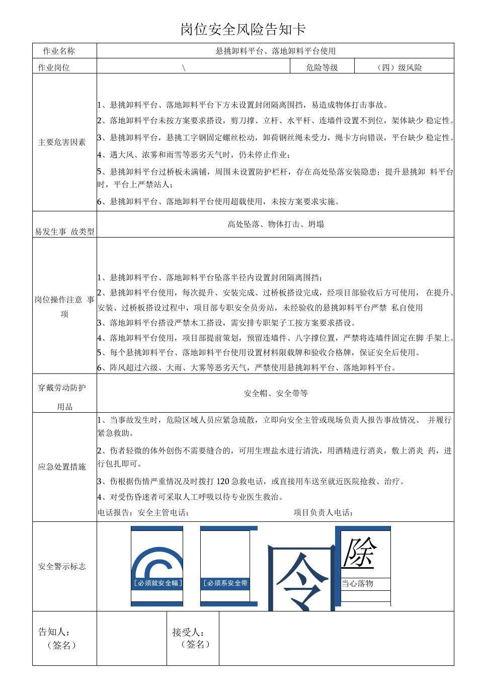 悬挑卸料平台、落地卸料平台使用安全风险告知卡