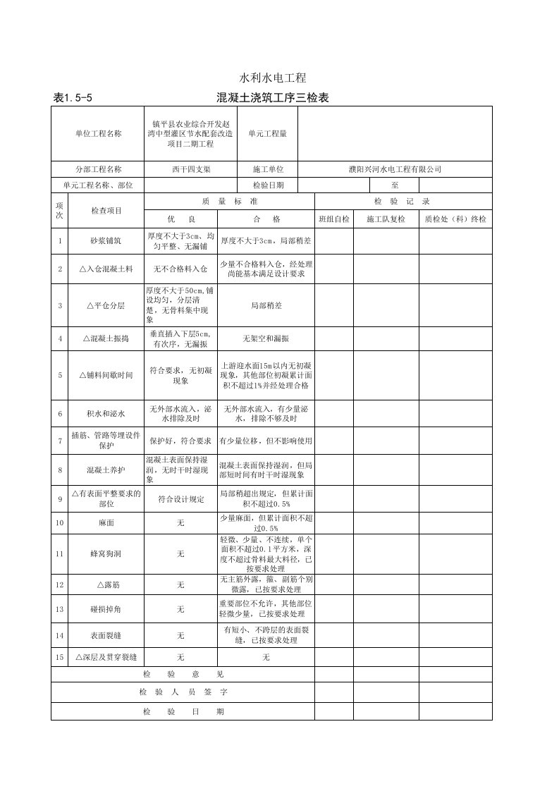 混凝土浇筑工序三检表