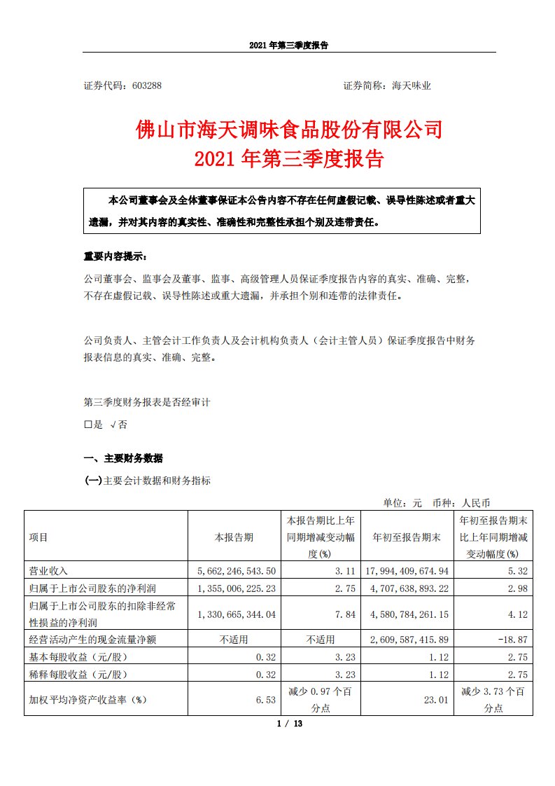 上交所-海天味业2021年第三季度报告-20211029