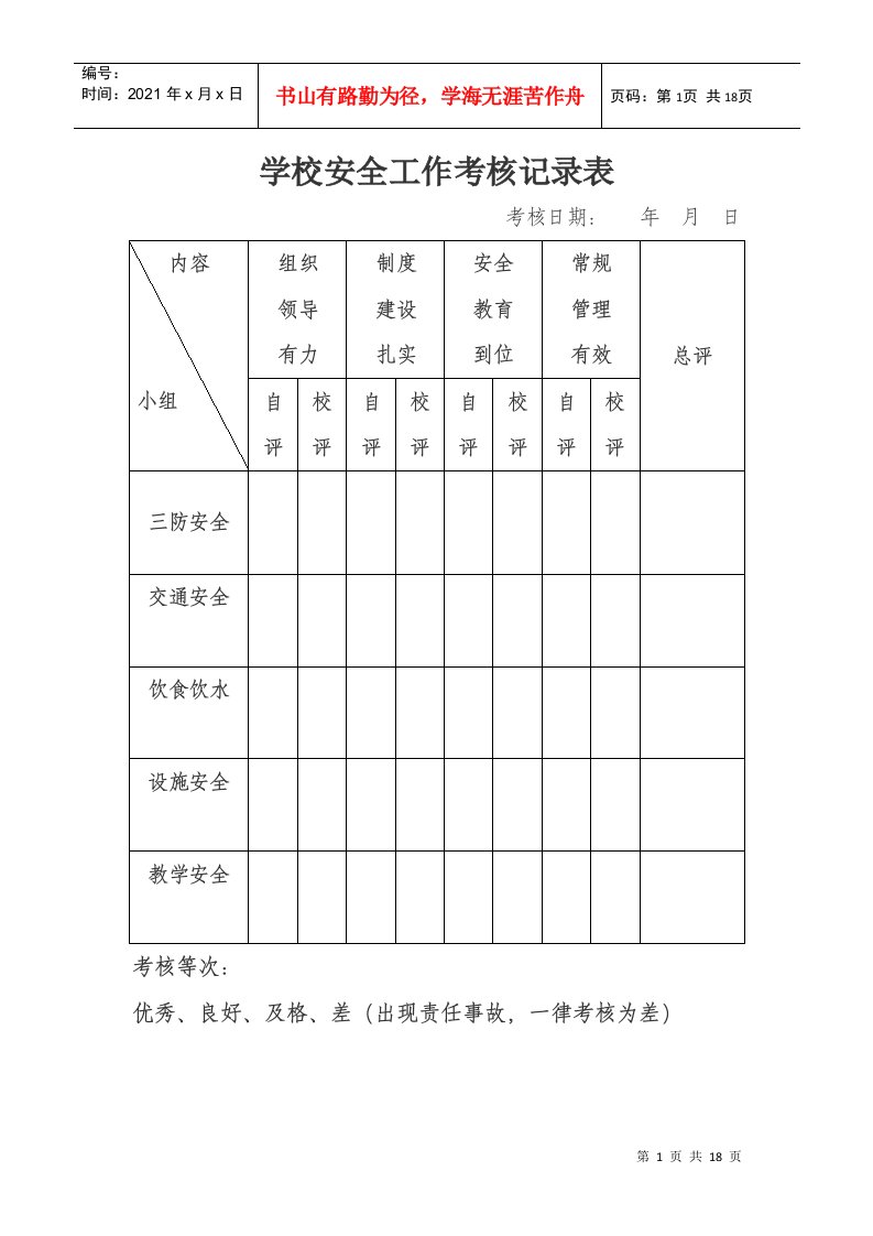 学校安全工作考核记录表