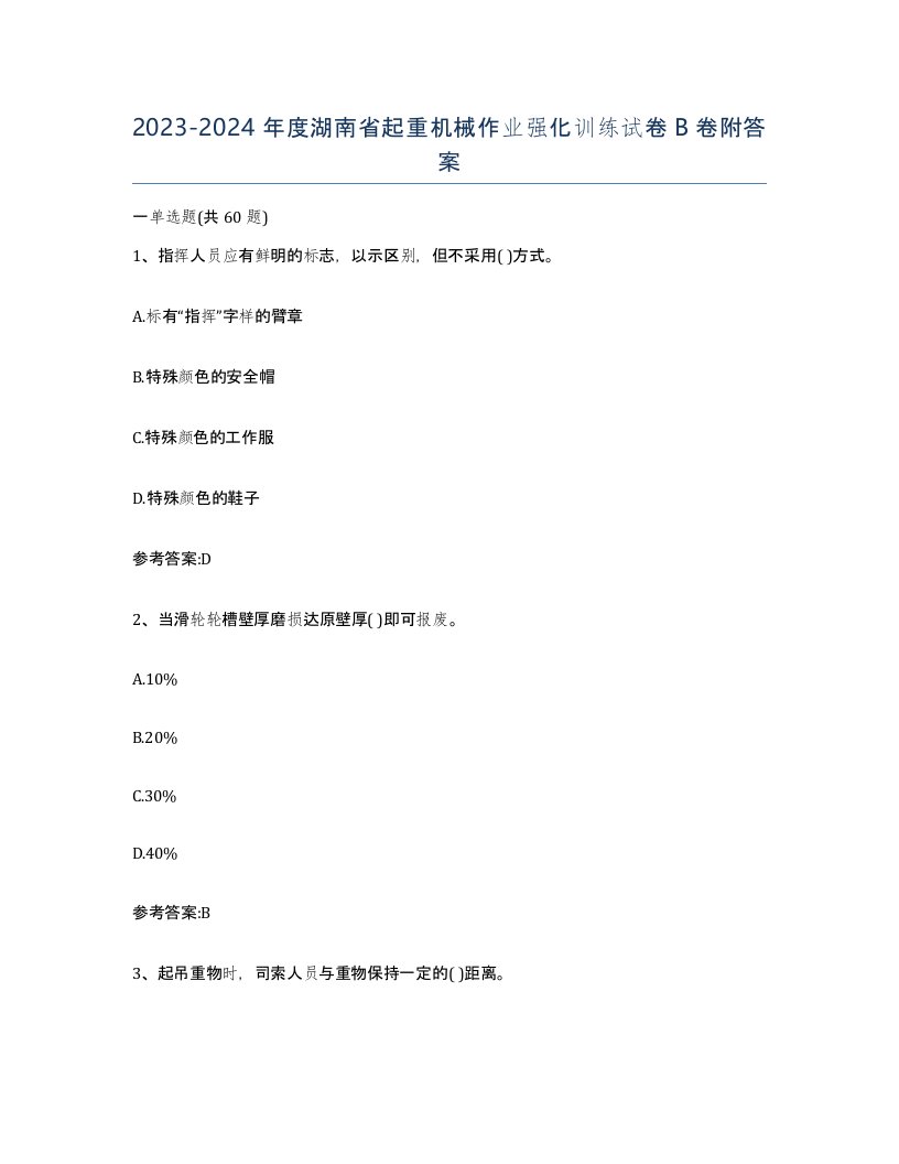 20232024年度湖南省起重机械作业强化训练试卷B卷附答案