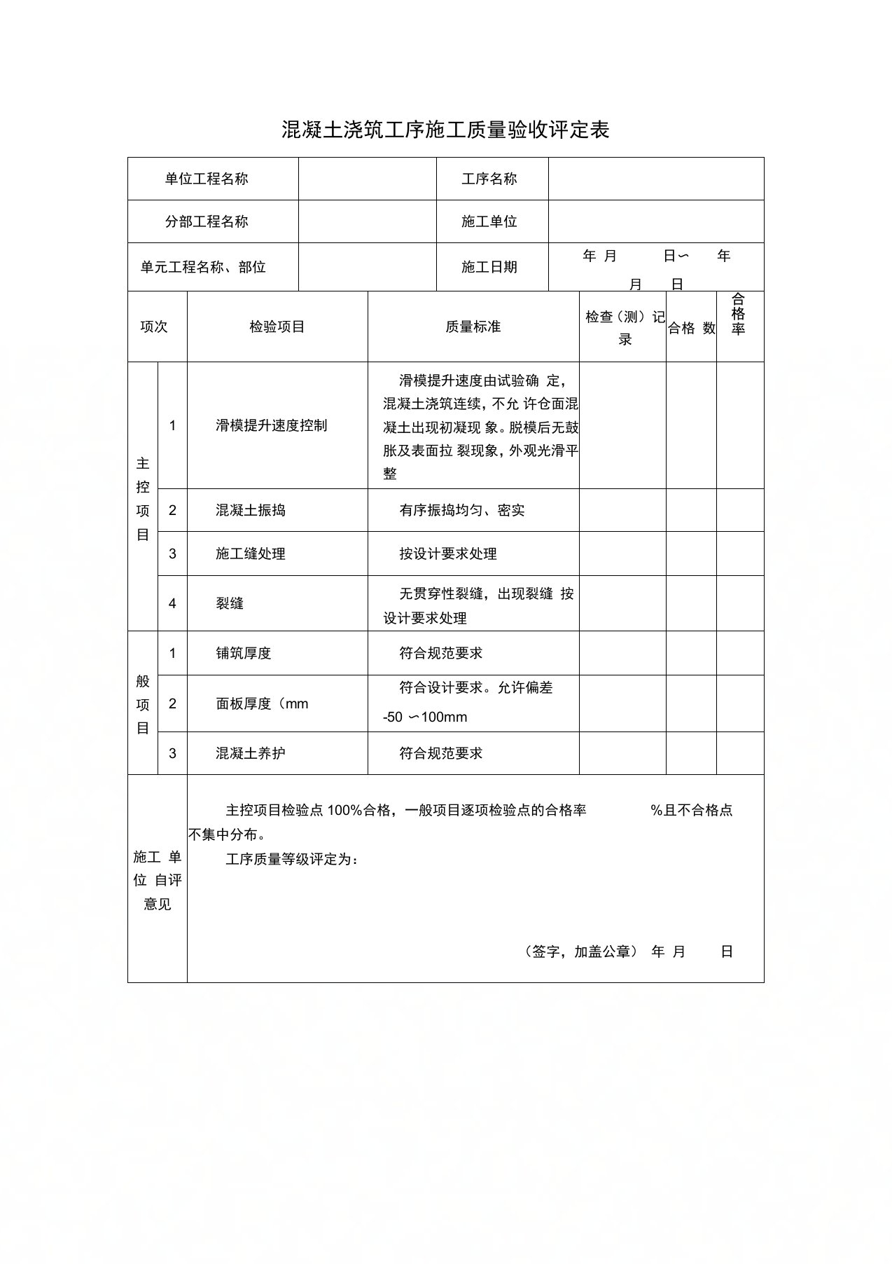 混凝土浇筑工序施工质量验收评定表