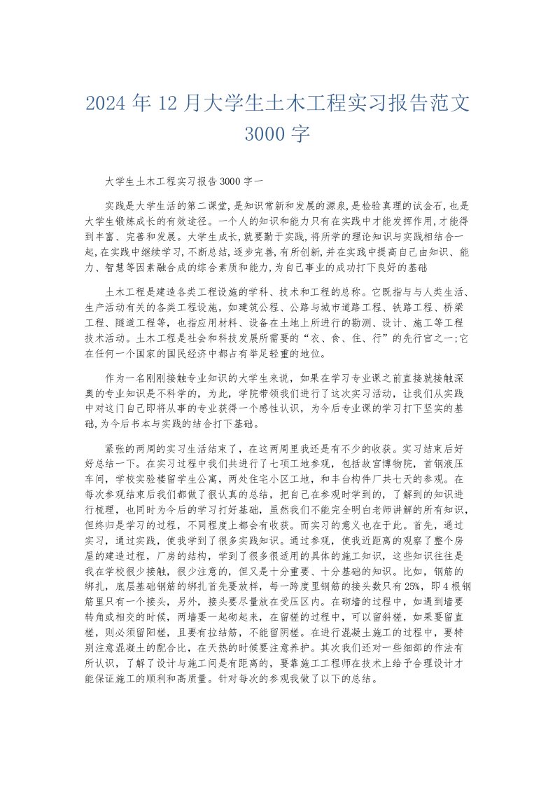 实习报告2024年12月大学生土木工程实习报告范文3000字