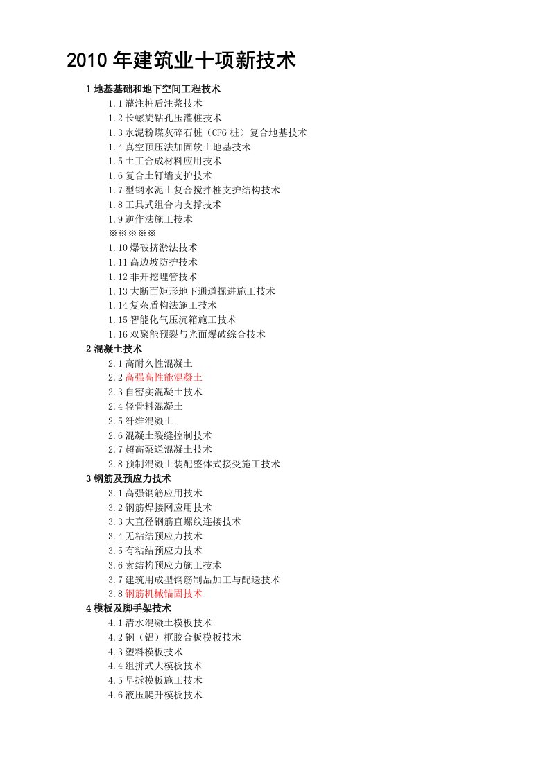 建筑业十项新技术清单