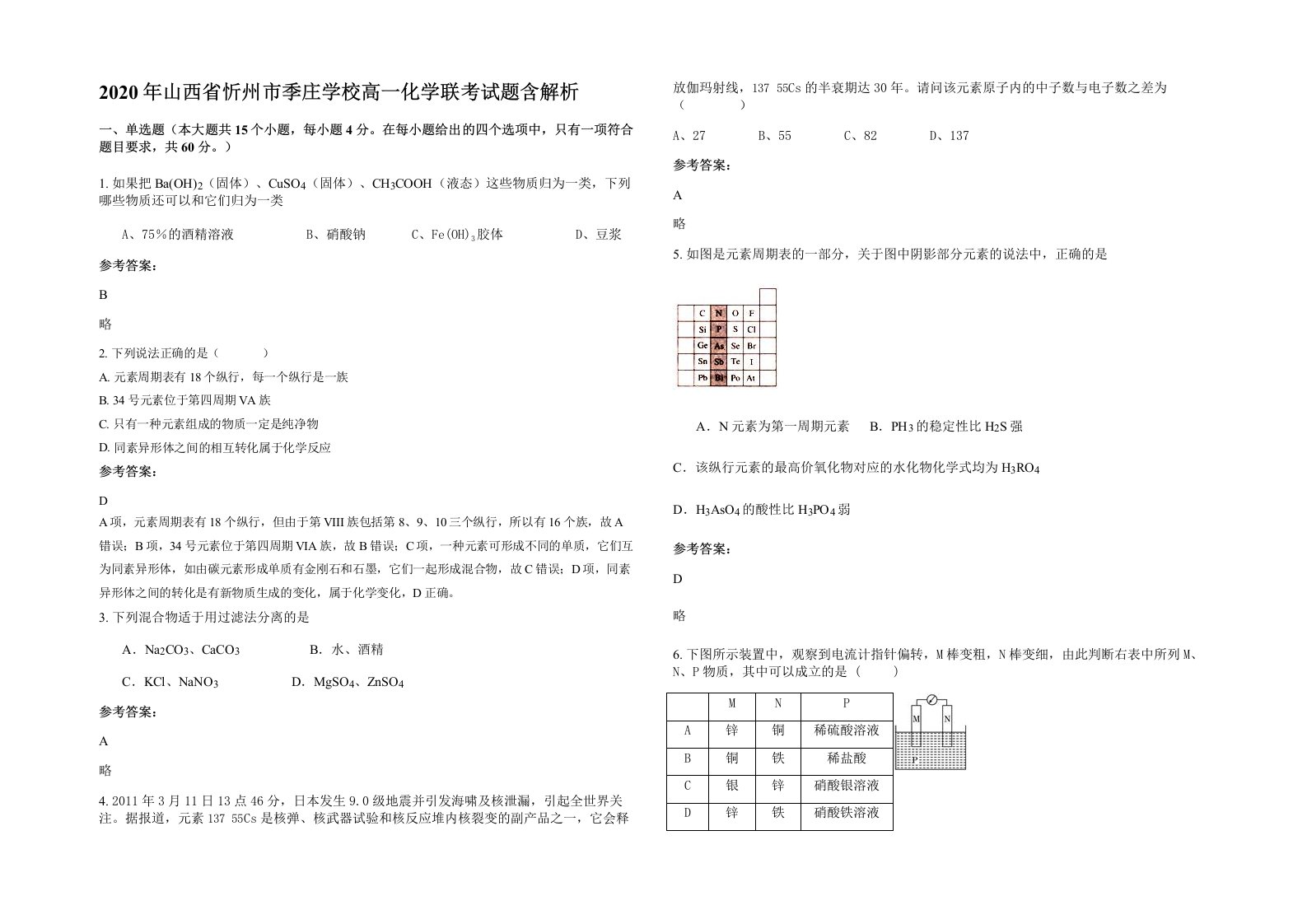 2020年山西省忻州市季庄学校高一化学联考试题含解析