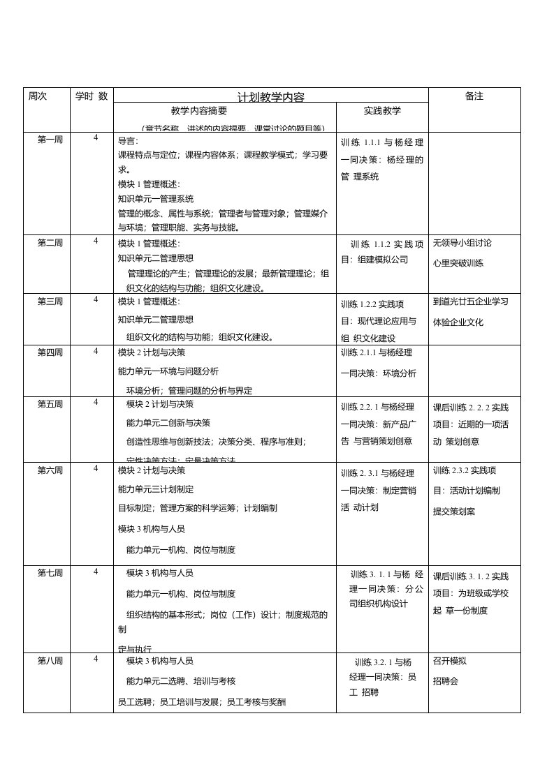 管理学基础教学日历