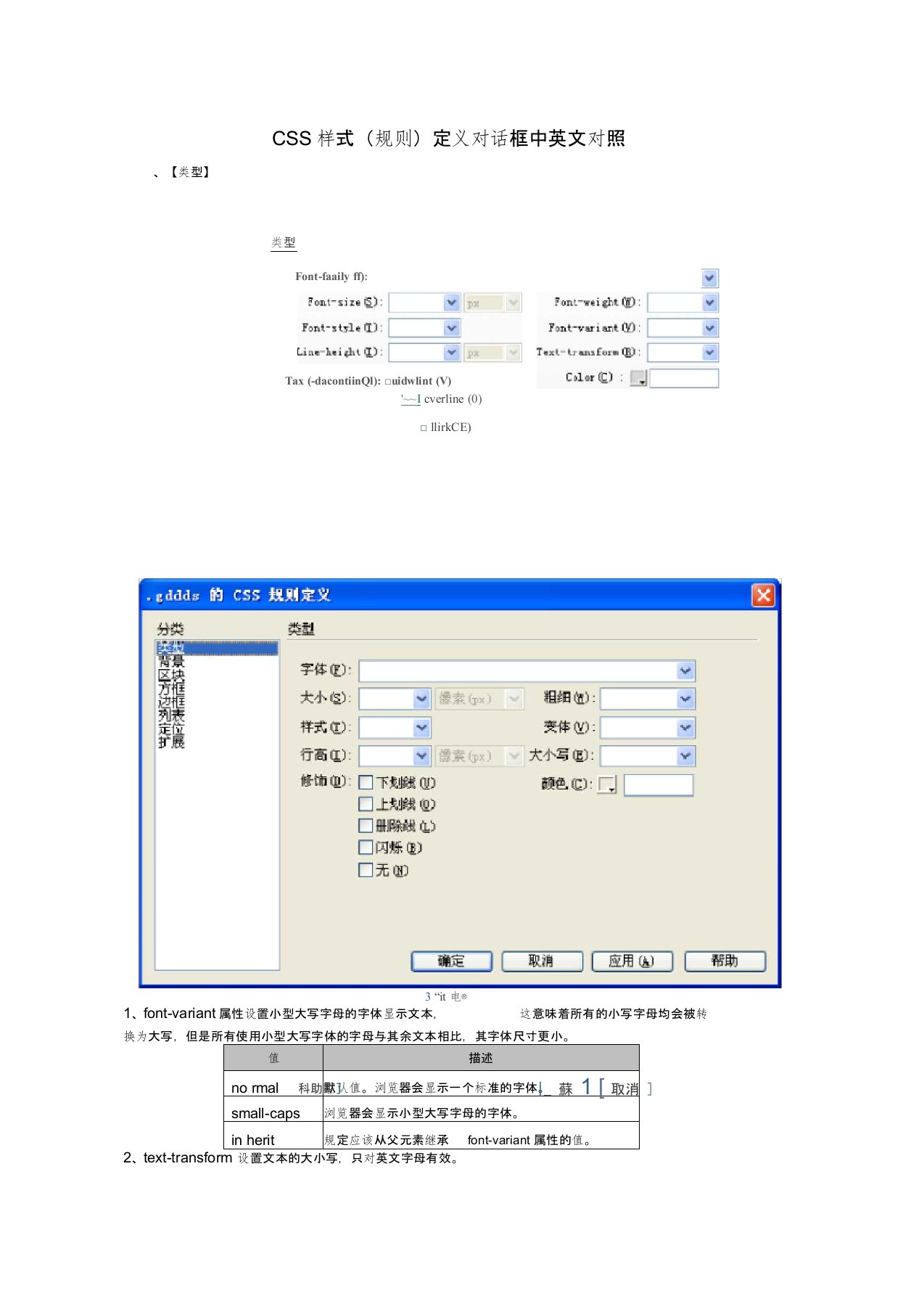 CSS样式(规则)定义对话框中英文对照