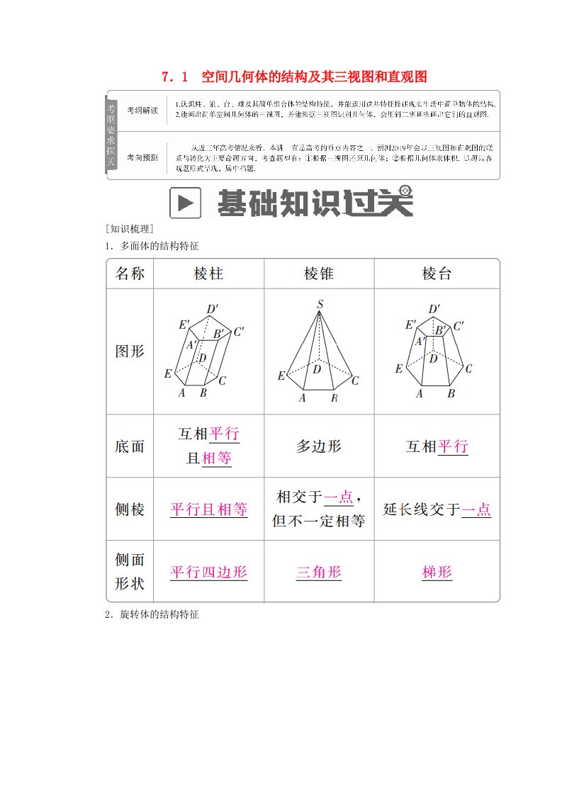 高考数学一轮复习第7章立体几何7.1空间几何体的结构及其三视图和直观图学案文