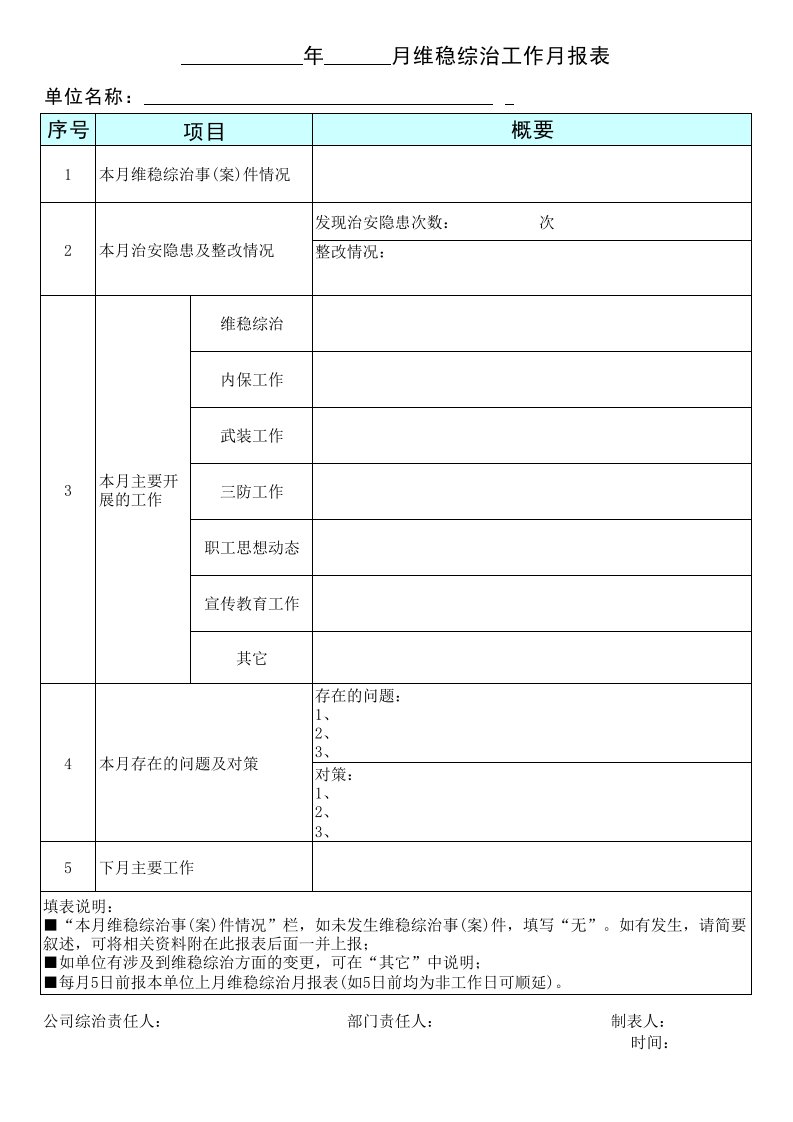 维稳综治工作月度报表