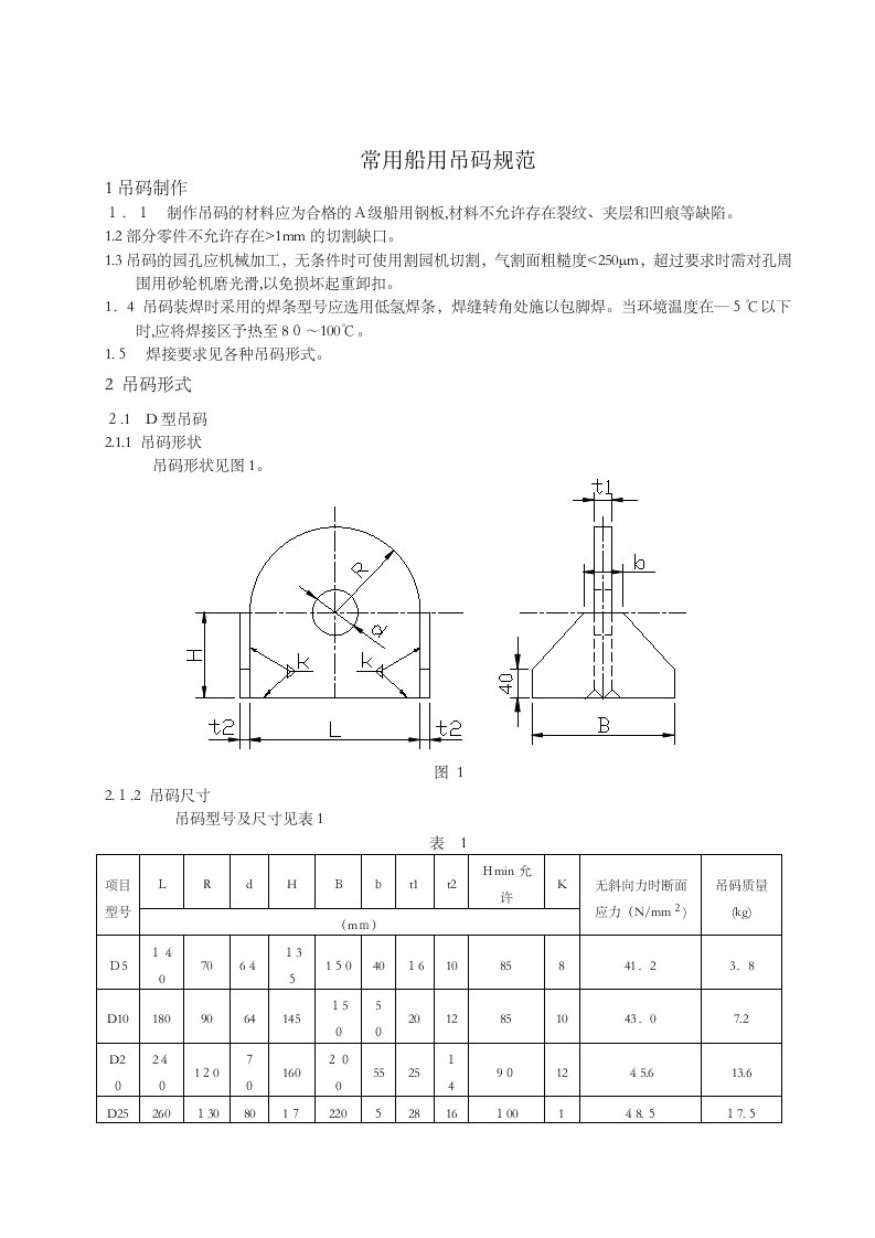 船用起重吊码规格及安装要求