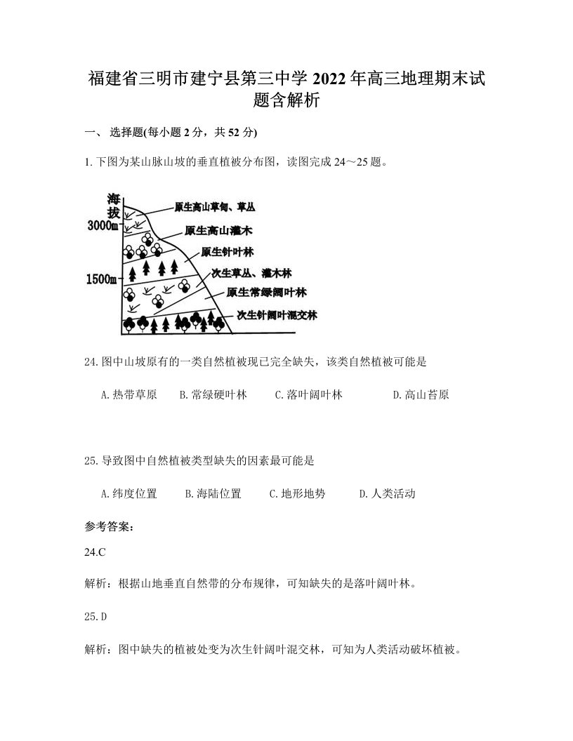 福建省三明市建宁县第三中学2022年高三地理期末试题含解析