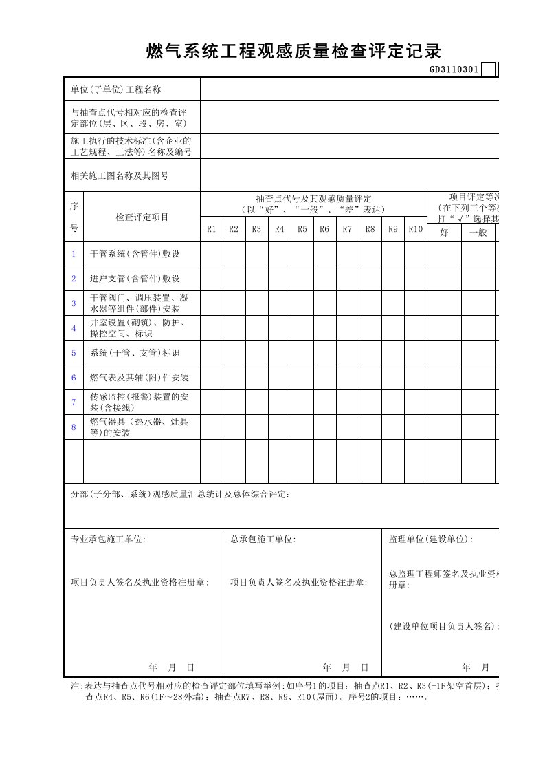 燃气系统工程观感质量检查评定记录GD