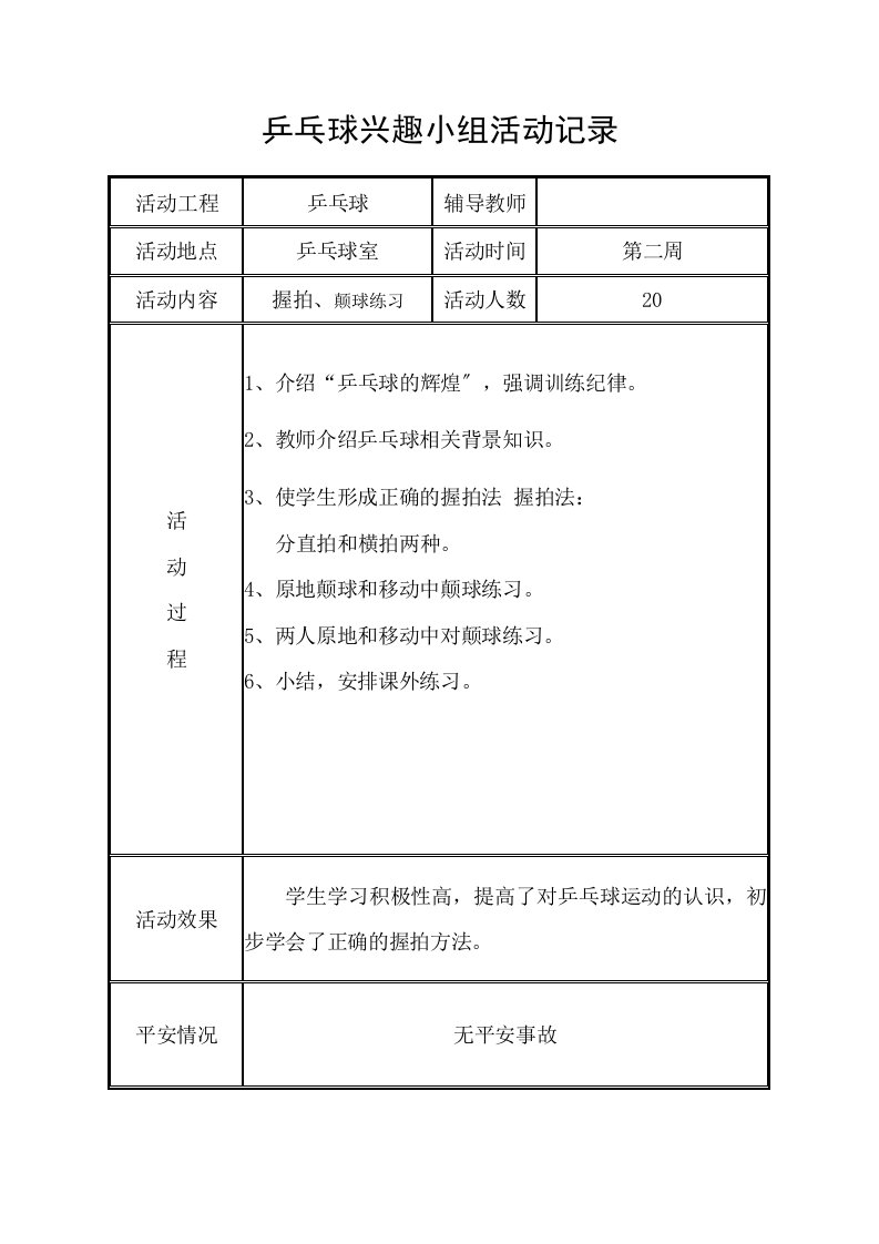 最新乒乓球兴趣小组活动记录