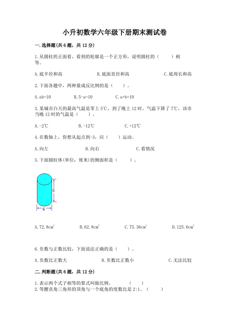 小升初数学六年级下册期末测试卷（历年真题）