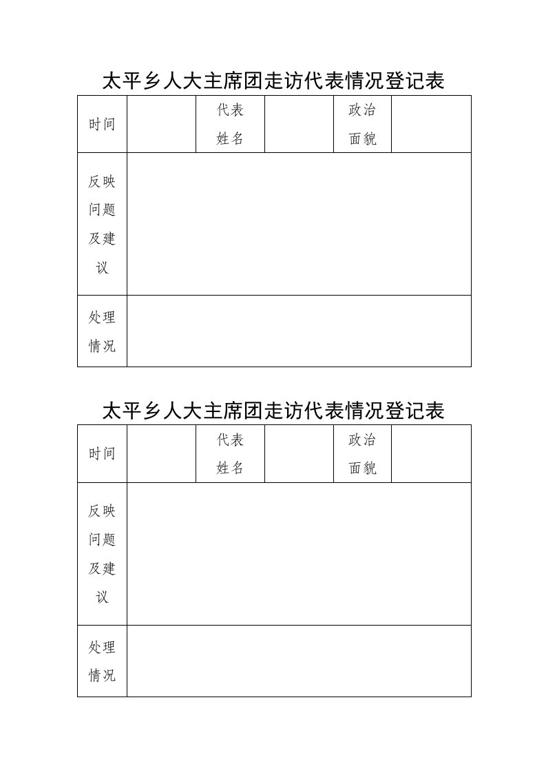 太平乡人大主席团走访代表情况登记表