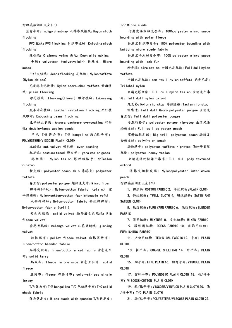 纺织面料英语词汇大全(整理)