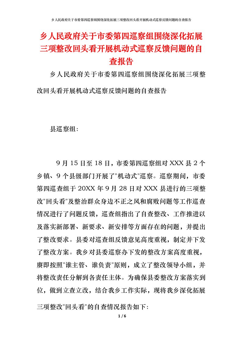 2021乡人民政府关于市委第四巡察组围绕深化拓展三项整改回头看开展机动式巡察反馈问题的自查报告