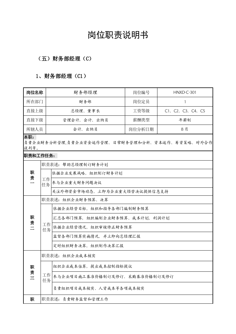 岗位职能职责说明指导书财务部