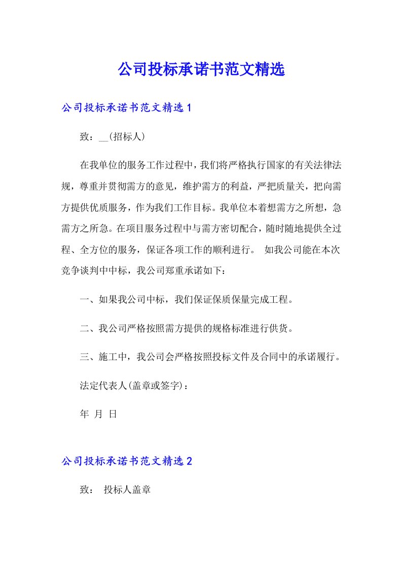 公司投标承诺书范文精选