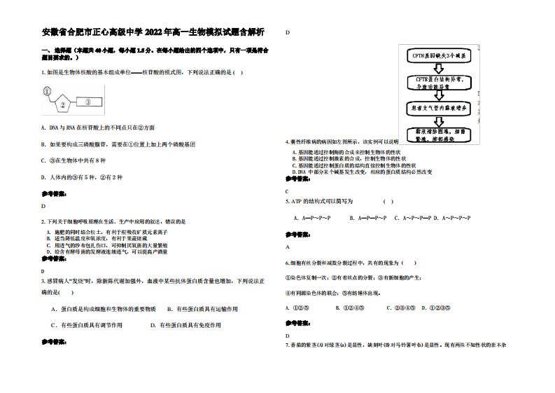 安徽省合肥市正心高级中学2022年高一生物模拟试题含解析