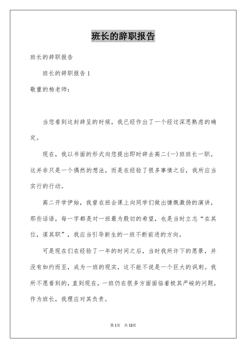 班长的辞职报告汇编