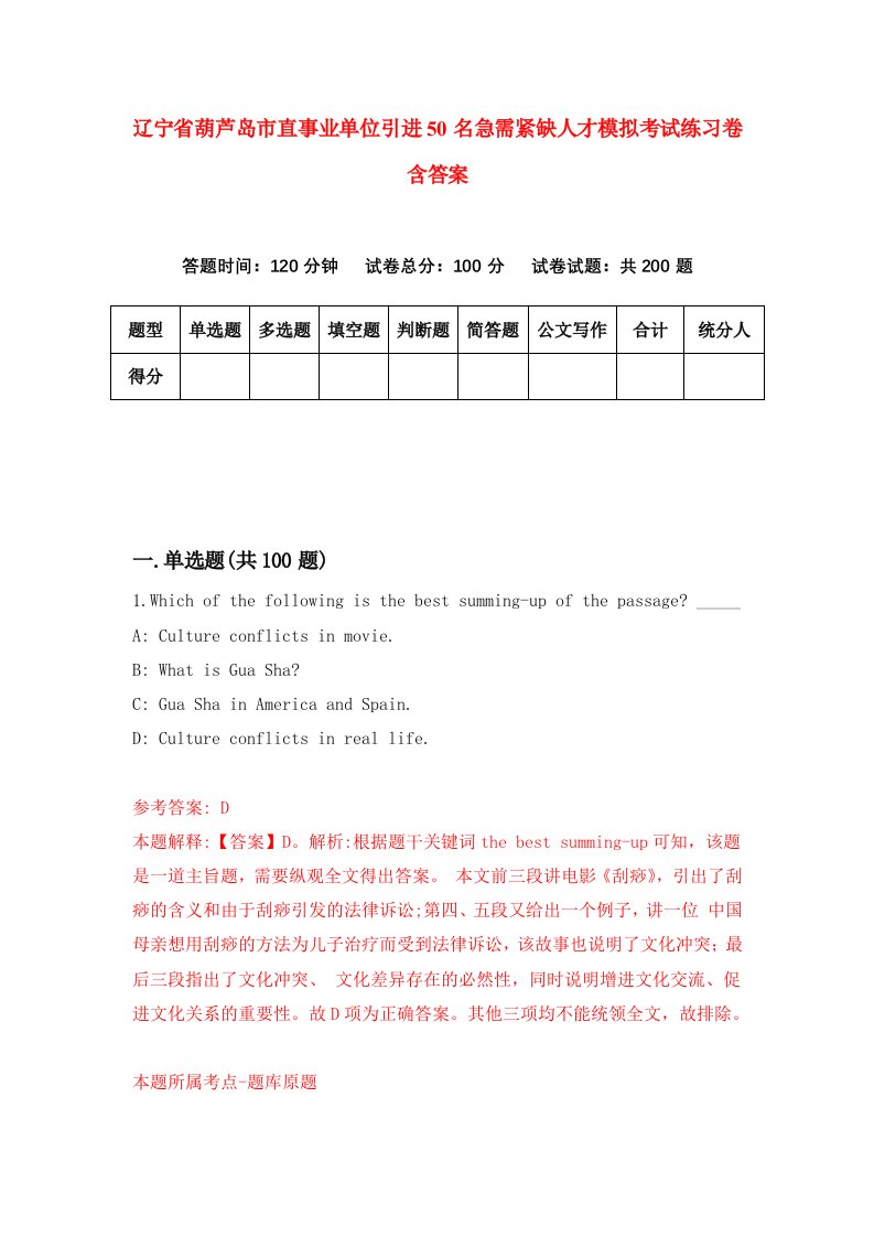 辽宁省葫芦岛市直事业单位引进50名急需紧缺人才模拟考试练习卷含答案第4期