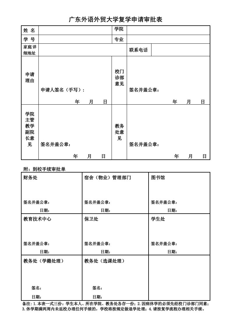 广东外语外贸大学复学申请审批表